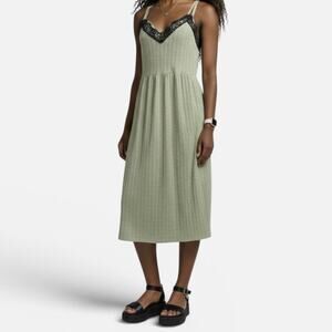 MNG Sage Green Lace Trim Ribbed Midi Slip Dress Soft Girl Coquette Sz Medium